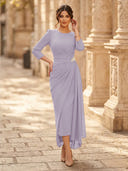 Chiffon Sheath Scoop Neck Long Sleeves Ankle Length Cocktail Dresses with Pleats