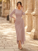 Chiffon Sheath Scoop Neck Long Sleeves Ankle Length Cocktail Dresses with Pleats