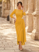 Chiffon Sheath Scoop Neck Long Sleeves Ankle Length Cocktail Dresses with Pleats