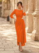 Chiffon Sheath Scoop Neck Long Sleeves Ankle Length Cocktail Dresses with Pleats