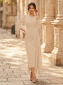 Chiffon Sheath Scoop Neck Long Sleeves Ankle Length Cocktail Dresses with Pleats