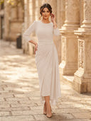Chiffon Sheath Scoop Neck Long Sleeves Ankle Length Cocktail Dresses with Pleats