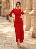 Chiffon Sheath Scoop Neck Long Sleeves Ankle Length Cocktail Dresses with Pleats
