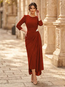 Chiffon Sheath Scoop Neck Long Sleeves Ankle Length Cocktail Dresses with Pleats