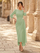 Chiffon Sheath Scoop Neck Long Sleeves Ankle Length Cocktail Dresses with Pleats
