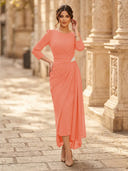 Chiffon Sheath Scoop Neck Long Sleeves Ankle Length Cocktail Dresses with Pleats