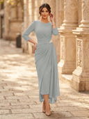 Chiffon Sheath Scoop Neck Long Sleeves Ankle Length Cocktail Dresses with Pleats