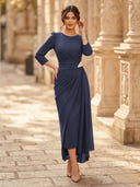 Chiffon Sheath Scoop Neck Long Sleeves Ankle Length Cocktail Dresses with Pleats