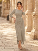 Chiffon Sheath Scoop Neck Long Sleeves Ankle Length Cocktail Dresses with Pleats