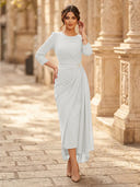 Chiffon Sheath Scoop Neck Long Sleeves Ankle Length Cocktail Dresses with Pleats