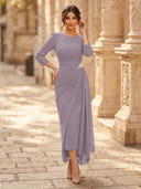 Chiffon Sheath Scoop Neck Long Sleeves Ankle Length Cocktail Dresses with Pleats