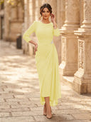 Chiffon Sheath Scoop Neck Long Sleeves Ankle Length Cocktail Dresses with Pleats