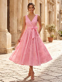 Chiffon A Line V Neck Sleeveless Midi Cocktail Dresses with Bow