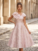 Satin A Line Off Shoulder Tea Length Cocktail Dresses with Jacquard