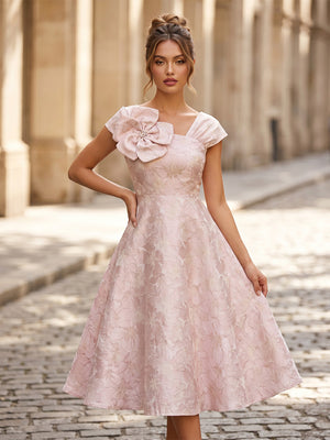 Satin A Line Off Shoulder Tea Length Cocktail Dresses with Jacquard