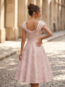 Satin A Line Off Shoulder Tea Length Cocktail Dresses with Jacquard