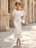 Lace Sheath Off Shoulder Long Sleeves Midi Cocktail Dresses with Ruffles