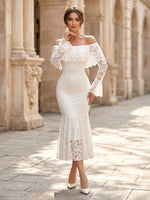 Lace Sheath Off Shoulder Long Sleeves Midi Cocktail Dresses with Ruffles