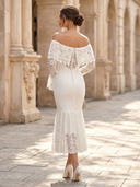 Lace Sheath Off Shoulder Long Sleeves Midi Cocktail Dresses with Ruffles