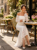 Lace Sheath Off Shoulder Long Sleeves Midi Cocktail Dresses with Ruffles