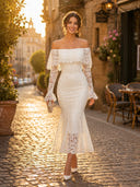 Lace Sheath Off Shoulder Long Sleeves Midi Cocktail Dresses with Ruffles