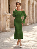 Lace Sheath Off Shoulder Long Sleeves Midi Cocktail Dresses with Ruffles