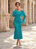 Lace Sheath Off Shoulder Long Sleeves Midi Cocktail Dresses with Ruffles