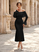 Lace Sheath Off Shoulder Long Sleeves Midi Cocktail Dresses with Ruffles