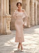 Lace Sheath Off Shoulder Long Sleeves Midi Cocktail Dresses with Ruffles