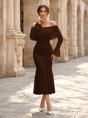 Lace Sheath Off Shoulder Long Sleeves Midi Cocktail Dresses with Ruffles