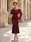 Lace Sheath Off Shoulder Long Sleeves Midi Cocktail Dresses with Ruffles