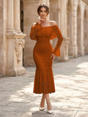 Lace Sheath Off Shoulder Long Sleeves Midi Cocktail Dresses with Ruffles