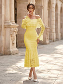 Lace Sheath Off Shoulder Long Sleeves Midi Cocktail Dresses with Ruffles