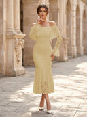Lace Sheath Off Shoulder Long Sleeves Midi Cocktail Dresses with Ruffles