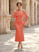Lace Sheath Off Shoulder Long Sleeves Midi Cocktail Dresses with Ruffles