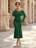 Lace Sheath Off Shoulder Long Sleeves Midi Cocktail Dresses with Ruffles