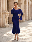 Lace Sheath Off Shoulder Long Sleeves Midi Cocktail Dresses with Ruffles