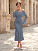 Lace Sheath Off Shoulder Long Sleeves Midi Cocktail Dresses with Ruffles