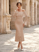 Lace Sheath Off Shoulder Long Sleeves Midi Cocktail Dresses with Ruffles