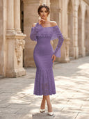 Lace Sheath Off Shoulder Long Sleeves Midi Cocktail Dresses with Ruffles