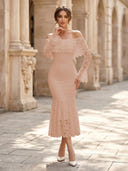 Lace Sheath Off Shoulder Long Sleeves Midi Cocktail Dresses with Ruffles
