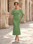 Lace Sheath Off Shoulder Long Sleeves Midi Cocktail Dresses with Ruffles