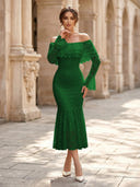 Lace Sheath Off Shoulder Long Sleeves Midi Cocktail Dresses with Ruffles