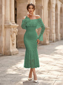 Lace Sheath Off Shoulder Long Sleeves Midi Cocktail Dresses with Ruffles
