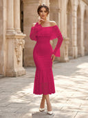 Lace Sheath Off Shoulder Long Sleeves Midi Cocktail Dresses with Ruffles