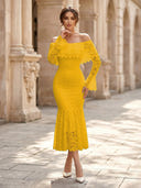 Lace Sheath Off Shoulder Long Sleeves Midi Cocktail Dresses with Ruffles