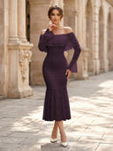 Lace Sheath Off Shoulder Long Sleeves Midi Cocktail Dresses with Ruffles