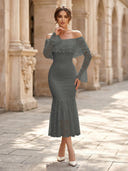 Lace Sheath Off Shoulder Long Sleeves Midi Cocktail Dresses with Ruffles