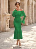 Lace Sheath Off Shoulder Long Sleeves Midi Cocktail Dresses with Ruffles