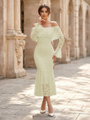 Lace Sheath Off Shoulder Long Sleeves Midi Cocktail Dresses with Ruffles